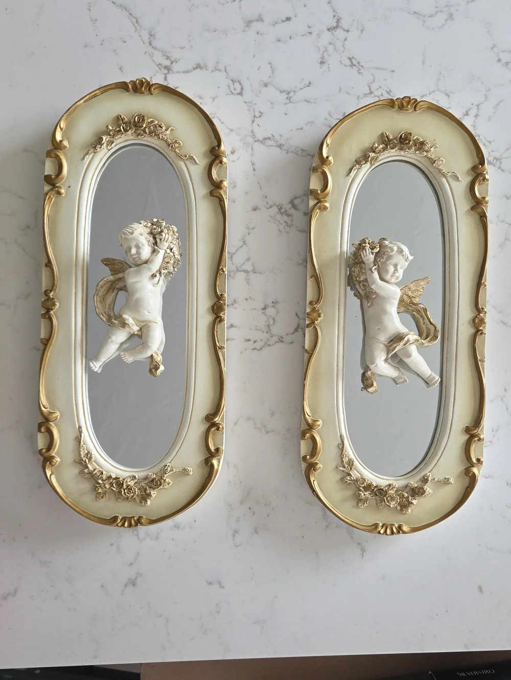 Vintage Gold Cherub Mirror Wall Plaques Set of 2 Rococo Decor